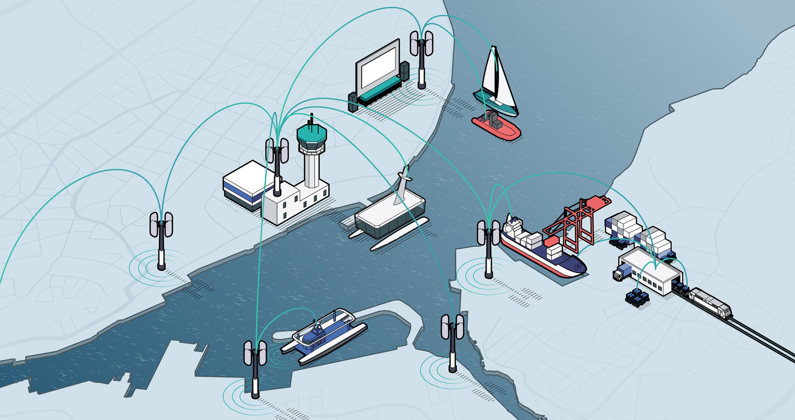 Ein Blick auf die Kieler Förde aus der Luft. Funkmasten, autonome Fähren, ein Kontrollzentrum, eine Videoleinwand und ein Containerschiff, das entladen wird, sind zu sehen. Die Funkmasten stellen die 5G-Kommunikation mit allen Akteur*innen im Prozess sicher.