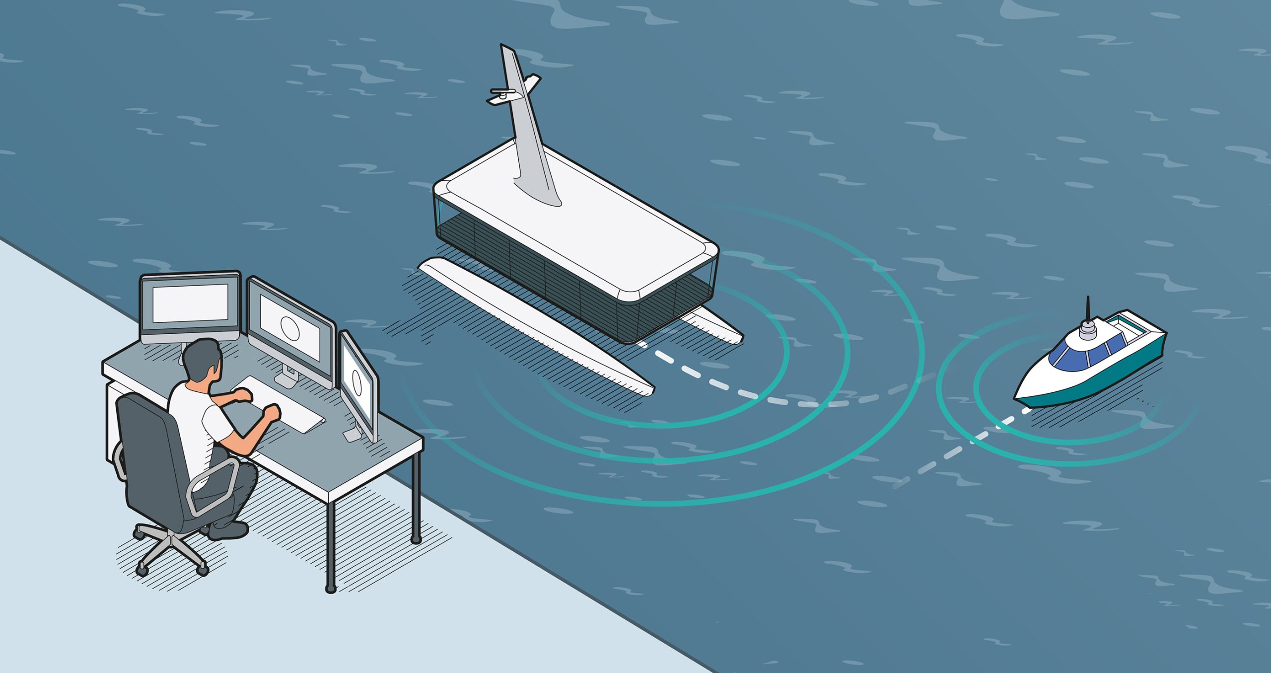 Ein Mensch kontrolliert den autonomen Verkehr der Fähre. Der Mensch sitzt an einem Computer im 5G-Kontrollzentrum. In der Ferne ist zu sehen, wie die CAPTN-Fähre einem Motorboot ausweicht.