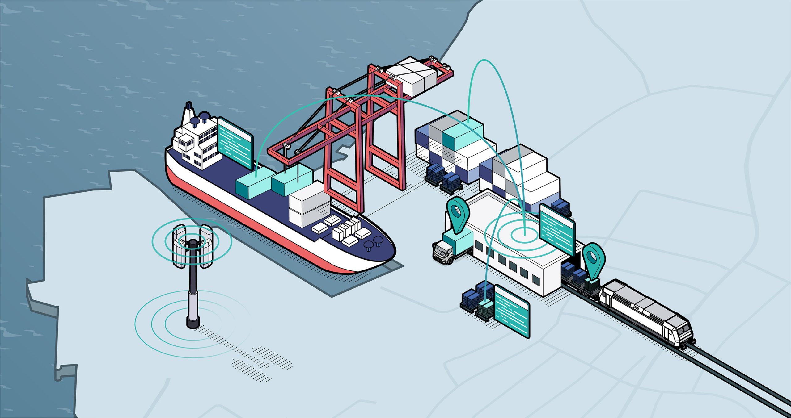 Die Darstellung zeigt eine isometrische Ansicht eines Containerschiffs sowie eines Verladekrans, der gerade einen Container entlädt. Direkt daneben befindet sich ein Verteilerzentrum für Container, aus dem ein beladener Zug und ein beladener LKW ihre weiteren Wege antreten. Alle Bewegungen werden dabei geortet. Ein naher 5G-Mast stellt die Kommunikation sicher.